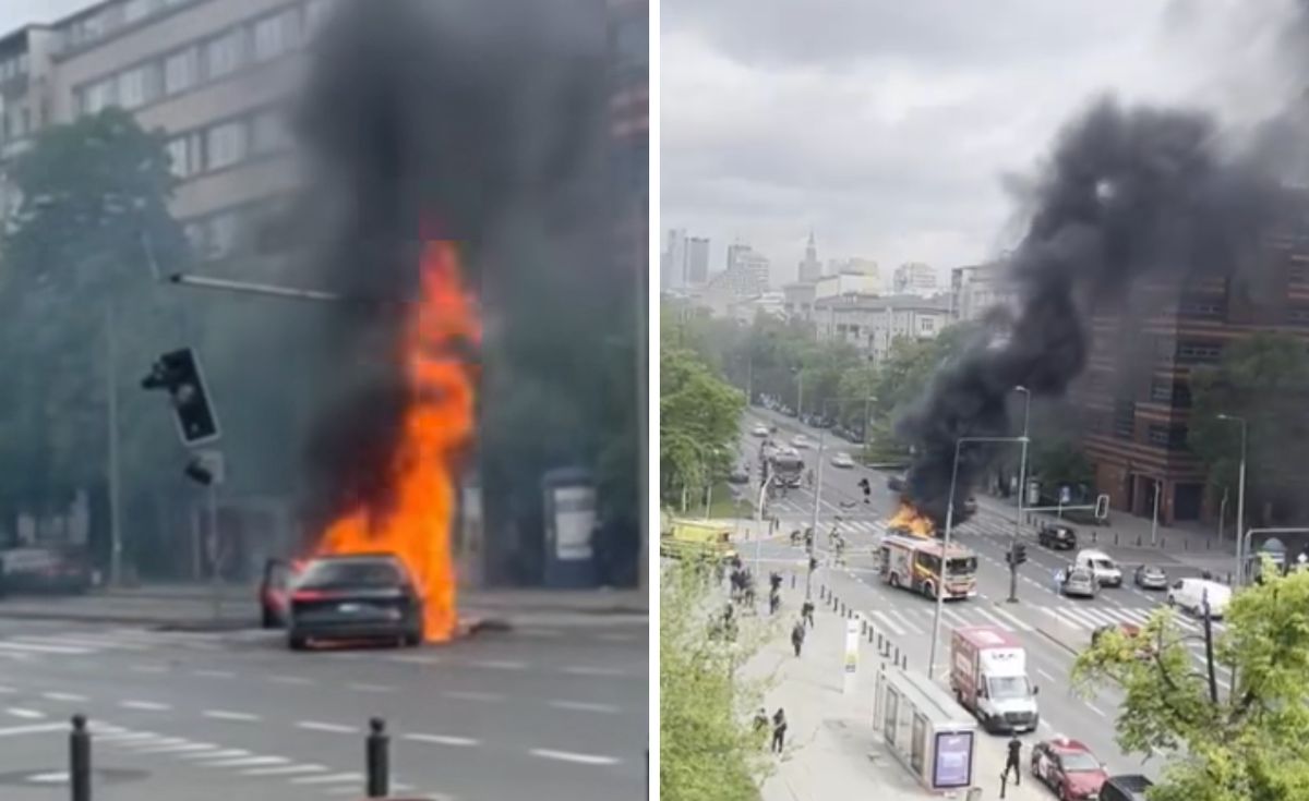  Wypadek w Warszawie. Samochód elektryczny stanął w ogniu