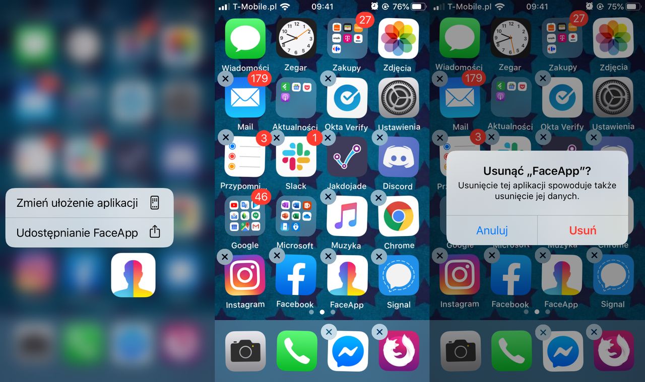 Usuwanie FaceApp w iOS 13.