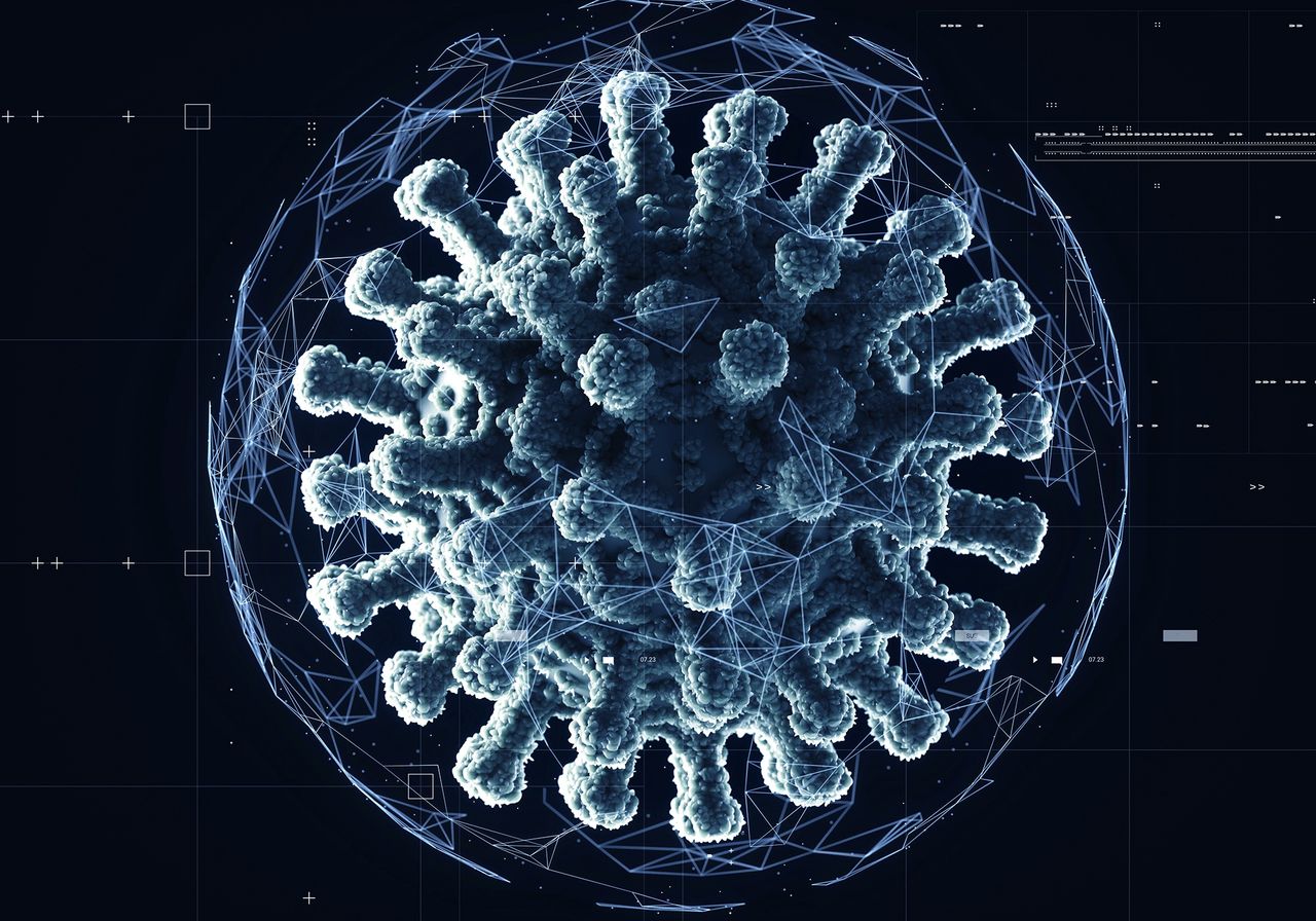 Coronavirus exploding
Digital generated image of Covid-19 cell surrounded by plexus structured shell on black background.
Andriy Onufriyenko