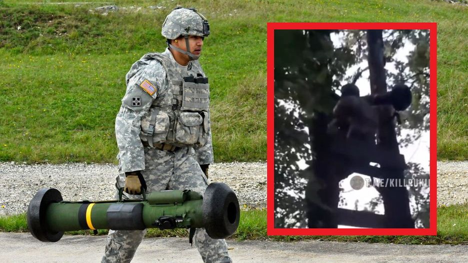 Amerykański żołnierz przenoszący wyrzutnię Javelin podczas ćwiczeń i ukraiński żołnierz używający jej na drzewie podczas wojny w Ukrainie.