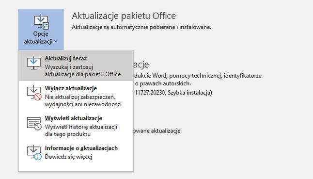 Opcje aktualizacji pakietu Office.