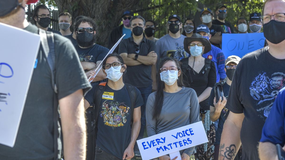 Blizzard Entertainment employees and supporters protest for better working conditions in Irvine, CA, on Wednesday, July 28, 2021. (Photo by Jeff Gritchen/MediaNews Group/Orange County Register via Getty Images)