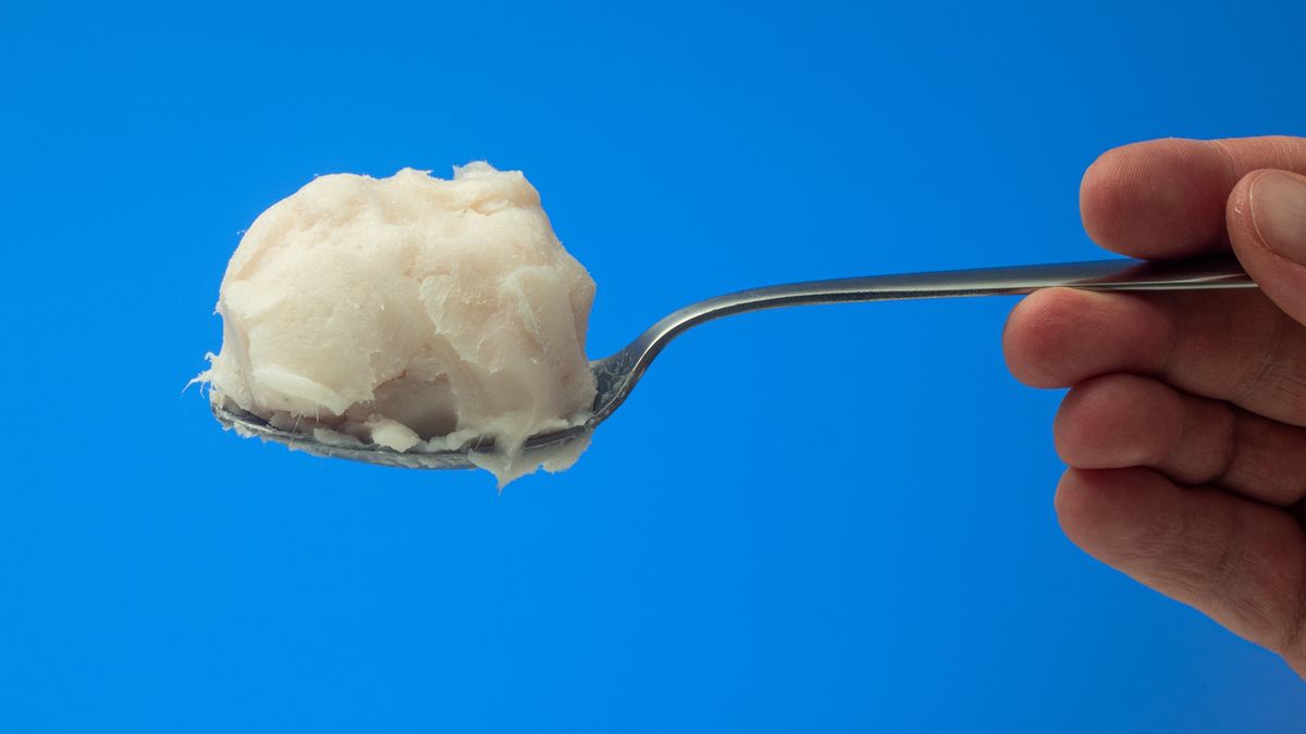 Pig fat or lard on a metal spoon held by Caucasian male hand. Close up studio shot, isolated on blue backgroundPig fat or lard on a metal spoon held by Caucasian male hand. Close up studio shot, isolated on blue background.Octavian Lazarmale, man, hold, healthy, alternative, traditional, render, delicious, grease, belly, pig fat, fatty, frying, soft, product, natural, monounsaturated, calories, cardiovascular, tallow, nutrition, culinary, object, isolated, white, fat, raw, rendered, background, tasty, fresh