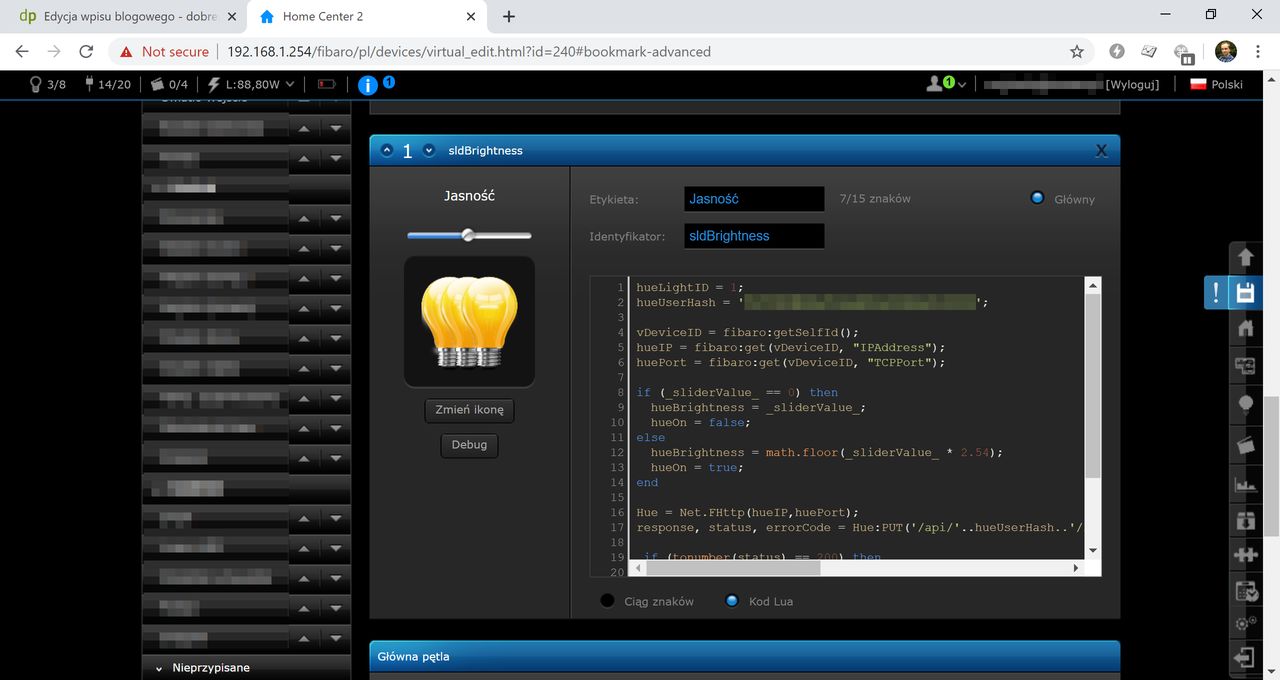 Przykład konfiguracji suwaka w urządzeniu wirtualnym Fibaro
