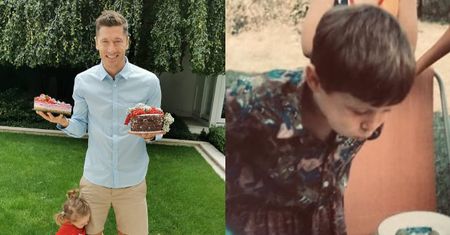 Robert Lewandowski z kawałkiem tortu i Klarą przy nodze świętuje swoje 31. urodziny