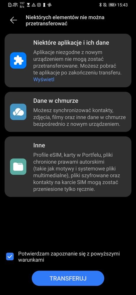 Komunikat o niemożliwości skopiowania niektórych danych pojawi się przed rozpoczęciem klonowania telefonu na starym urządzeniu. Widać go też po zakończeniu procedury na urządzeniu docelowym