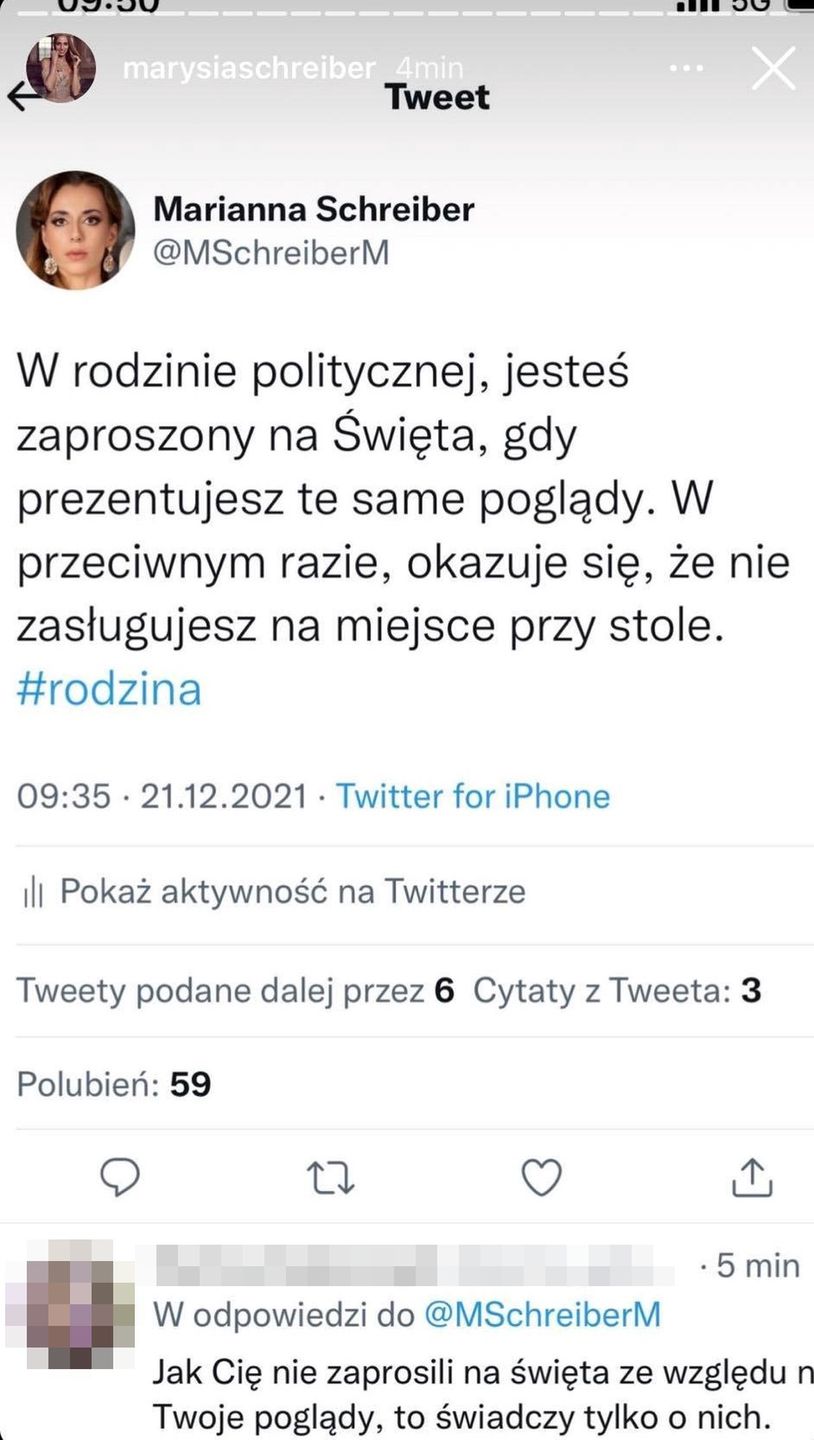 Marianna Schreiber żali się na podziały polityczne w rodzinie i brak wsparcia męża 