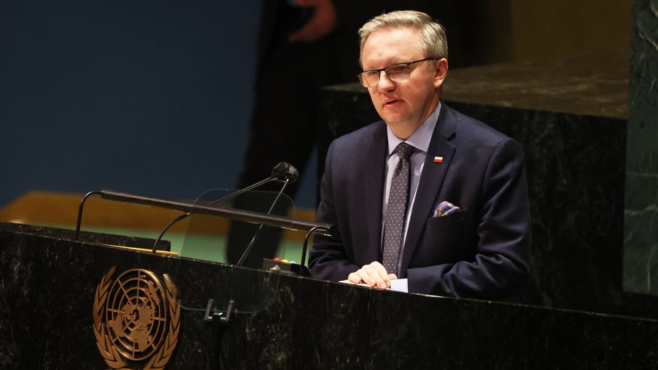 NEW YORK, NEW YORK - FEBRUARY 28: Krzysztof Szczerski, Permanent Representative of Poland to the United Nations , ​speaks during a special session of the General Assembly at the United Nations headquarters on February 28, 2022 in New York City. The U.N. Security Council voted on Sunday to hold a rare emergency special session of the General Assembly to discuss Russia's attack on Ukraine. The meeting gave all 193 members of the global body a chance to present their views on the invasion. Russia voted against the resolution but they did not have veto power under U.N. regulations. On Sunday Russian President Vladimir Putin ordered Russia’s nuclear deterrent forces to be on high alert, further increasing tensions. The two sides agreed to meet for negotiations on the border with Belarus, as the European Union moved to close its airspace to all Russian planes. (Photo by Michael M. Santiago/Getty Images)