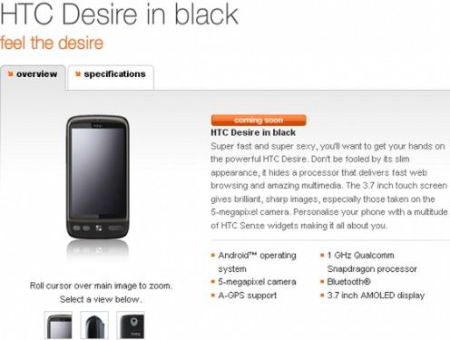 Czarny HTC Desire trafia na stronę brytyjskiego Orange