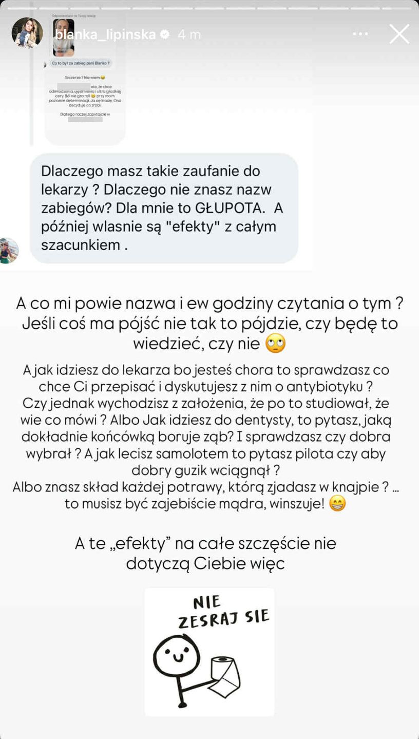 Blanka Lipińska wojuje z internautką