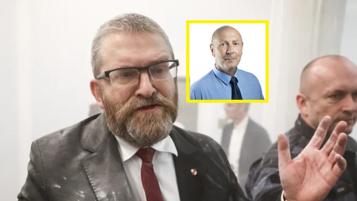Na zdjęciu: Grzegorz Braun, w kółku Szymon Ziókowski