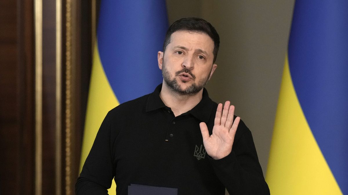 Volodymyr Zelenskiy, Ukraine's president, speaks at a news conference in Kyiv, Ukraine, on Thursday, April 17, 2025. Zelenskiy told reporters in Kyiv that he has evidence that China has supplied weapons to Russia and "will be able to talk about it in detail next week." Photographer: Andrew Kravchenko/Bloomberg via Getty Images