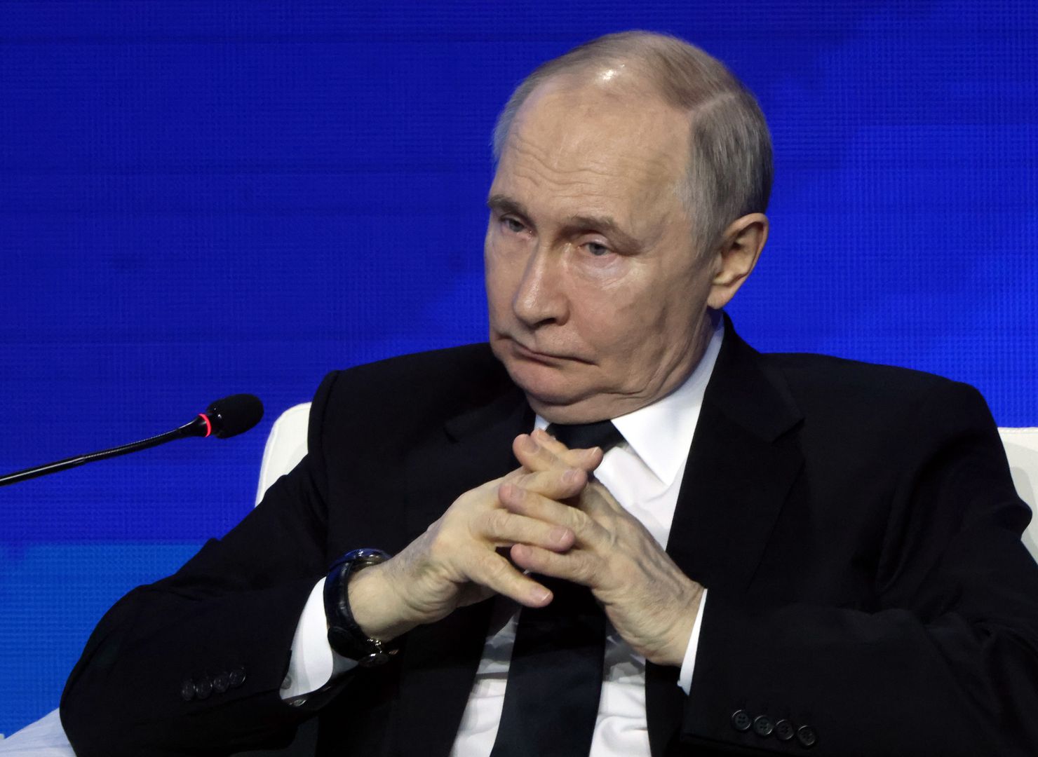 VOLGOGRAD, RUSSIA - APRIL 29: (RUSSIA OUT) Russian President Vladimir Putin grimaces during the Great Heritage - Common Future Forum, a Russian-Belarusian meeting, dedicated to the anniversary of the Battle of Stalingrad, April 29, 2025 in Volgograd, Russia. Vladimir Putin and Alexander Lukashenko are having a joint visit to Volgograd, former Stalingrad, marking the 80th anniversary of the end of World War II. (Photo by Contributor/Getty Images)