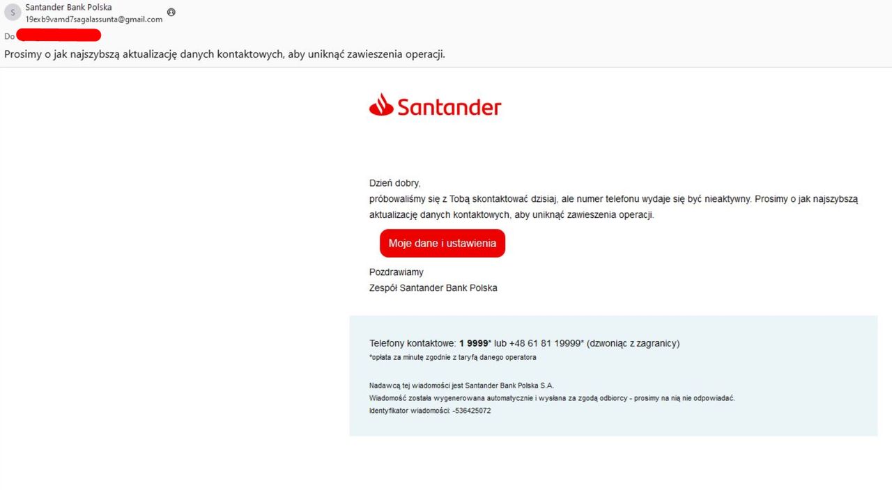 Fałszywy e-mail "od Santandera"