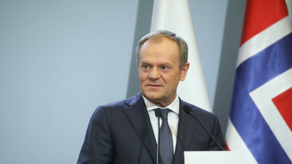 Warszawa, 28.02.2024. Premier RP Donald Tusk podczas wspólnej konferencji prasowej z premierem Norwegii Jonasem Gahrem Storem, po spotkaniu w KPRM w Warszawie, 28 bm. (mr) PAP/Albert Zawada