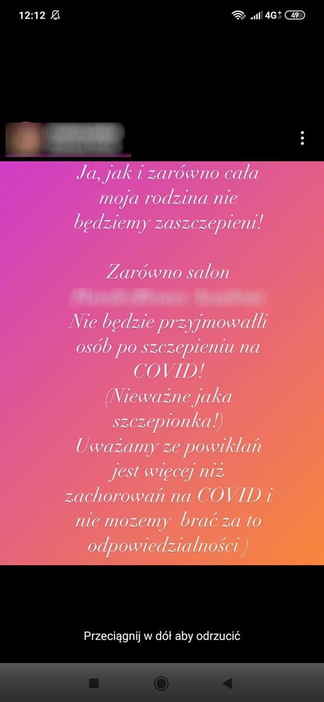 Zaszczepionych nie obsługujemy. Informacja na profilu szefowej firmy specjalizującej się w makijażu permanentnym.
