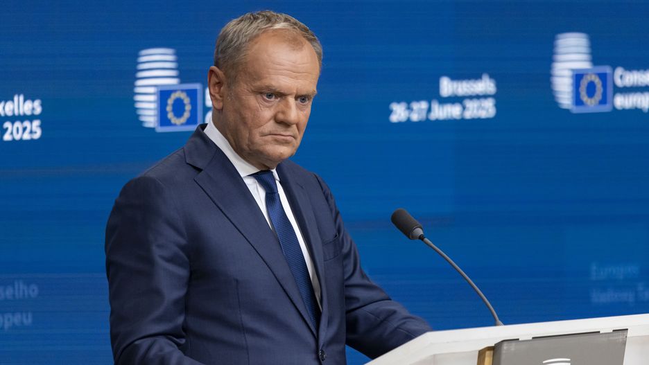 Donald Tusk Prime Minister of Poland at a joint press conference after the end of the European Council summit with the President of the European Commission and the President of the European Council, after the end of EU leaders meeting at the headquarters of the Council. Leaders discussed about the Middle East crisis, Ukraine, The invasion of Russia in Ukraine, EU in the world and competitiveness, Migration and European Defense and security, Moldova, Western Balkans and Internal Security, preparedness and hybrid activities. Brussels, Belgium on June 27, 2025 (Photo by Nicolas Economou/NurPhoto via Getty Images)