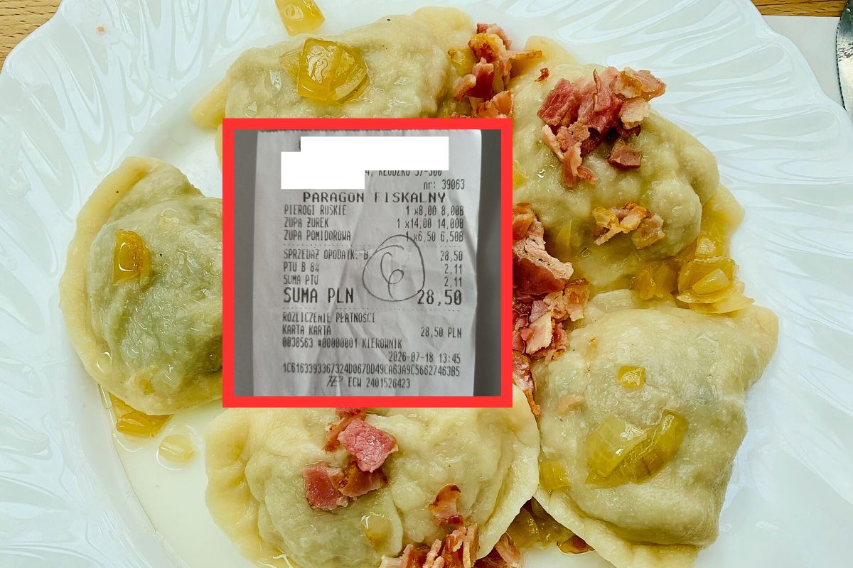 Paragon z Kłodzka. "Obiad dla 2 dorosłych". Cena pierogów zaskakuje
