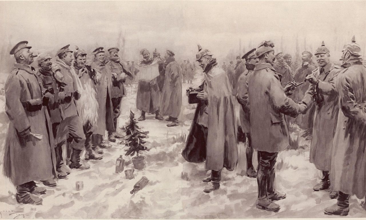 Prasowa ilustracja z czasów wojny, nawiązująca do rozejmu bożonarodzeniowego