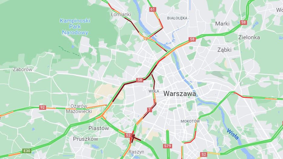 Do wypadku doszło po wschodniej stronie mostu Grota w kierunku na Marki. Na zdjęciu widać korek ciągnący się od węzła Konotopa (Fot. Google Maps)