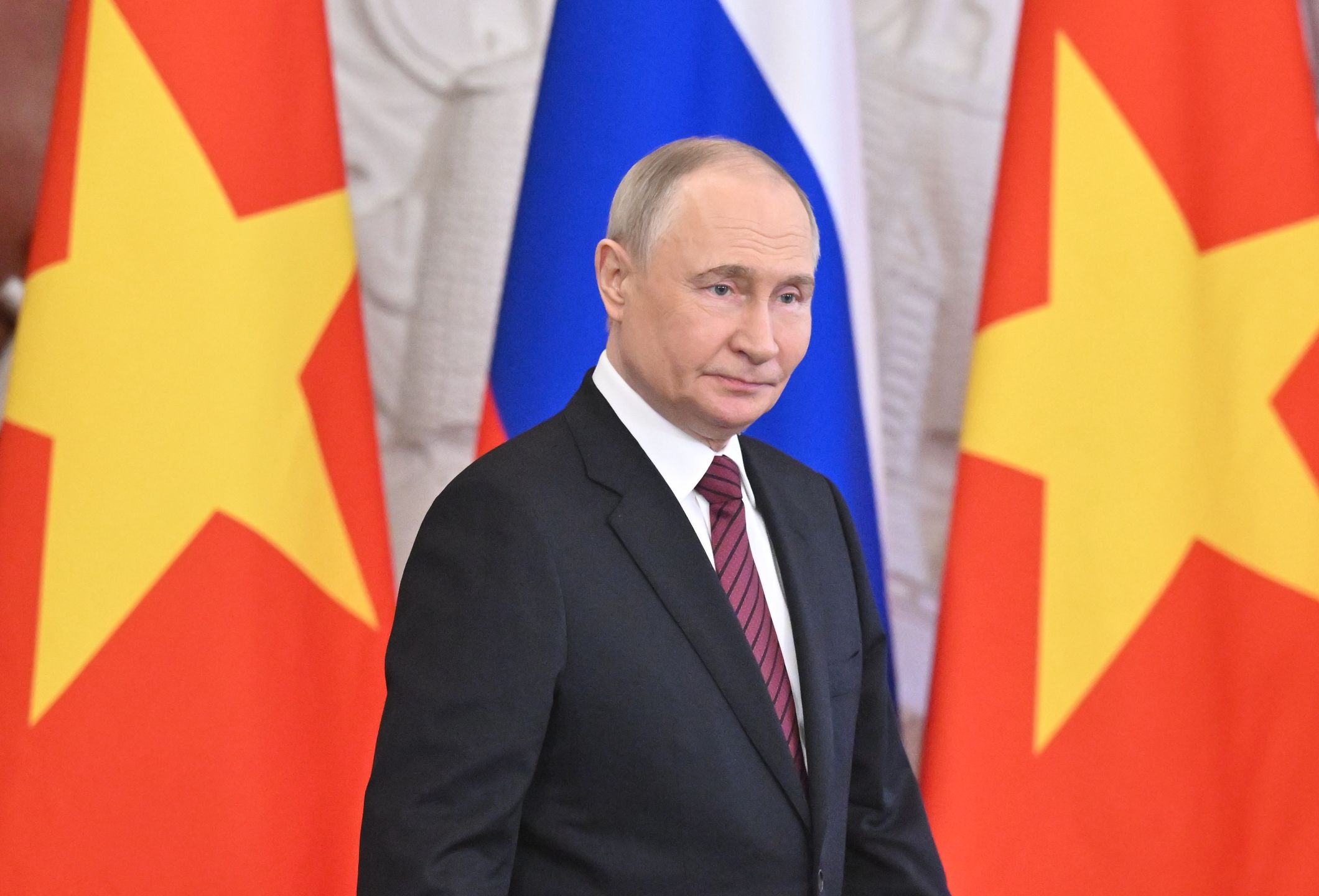 MOSCOW, RUSSIA - MAY 10: (----EDITORIAL USE ONLY - MANDATORY CREDIT - 'STANISLAV KRASILNIKOV / HOST PHOTO AGENCY RIA NOVOSTI / HANDOUT' - NO MARKETING NO ADVERTISING CAMPAIGNS - DISTRIBUTED AS A SERVICE TO CLIENTS----) President of Russia Vladimir Putin and General Secretary of the Communist Party of Vietnam Central Committee To Lam hold a signing ceremony following their meeting in Moscow, Russia on May 10, 2025. (Photo by Stanislav Krasilnikov / RIA Novosti/Anadolu via Getty Images)