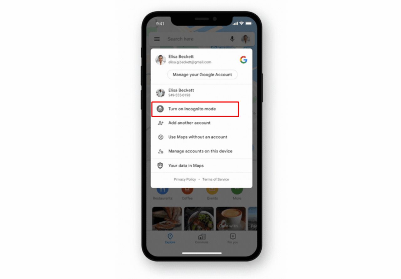 Tryb incognito w Mapach Google w iOS-ie, fot. Google.