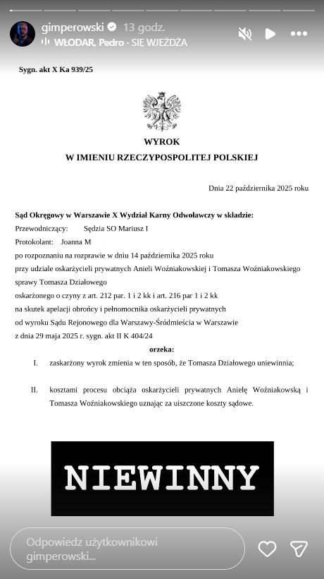 Gimper pokazał wyrok sądu