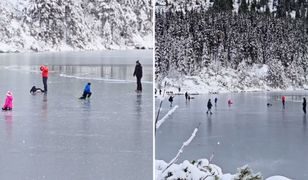 Sceny nad Morskim Okiem. Turyści z dziećmi zrobili sobie lodowisko