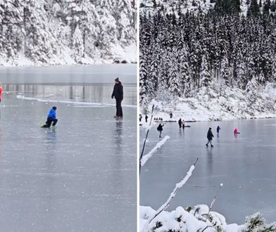Sceny nad Morskim Okiem. Turyści z dziećmi zrobili sobie lodowisko