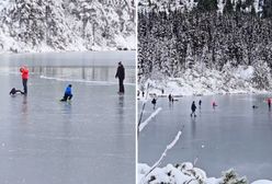Sceny nad Morskim Okiem. Turyści z dziećmi zrobili sobie lodowisko
