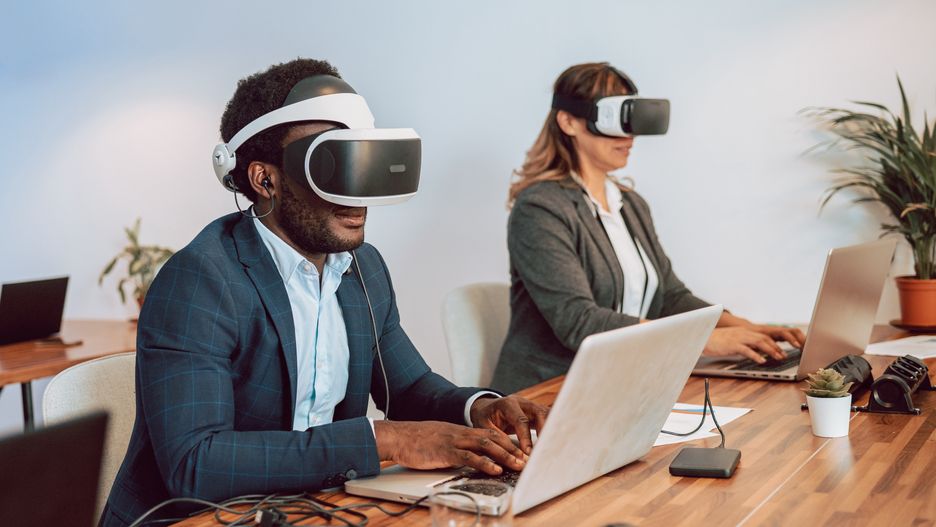 Man in VR headset working on laptop
Concentrated African American male entrepreneur in VR goggles sitting at table with laptop and working on project while working in office
laptop, vr, man, using, work, headset, male, headphones, device, gadget, together, mask, modern, black, colleague, glasses, workplace, project, coworker, indoors, digital, experience, interact, online, contemporary, connection, african american, job, computer, professional, sit, netbook, internet, horizontal, table, entertain, office, communicate, collaborate, workspace, virtual reality, employee, occupation, lifestyle, ethnic, diverse, busy, multiracial, metaverse, meta