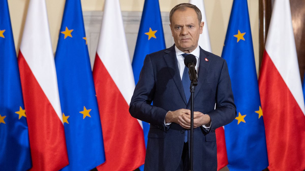 Polish Prime Minister Donald Tusk is speaking during a press conference after a government meeting in Warsaw, Poland, on January 3, 2024. (Photo by Foto Olimpik/NurPhoto via Getty Images)