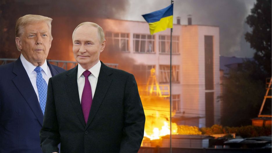 Donald Trump / Władimir Putin. W tle: rosyjski atak na Ukrainę 