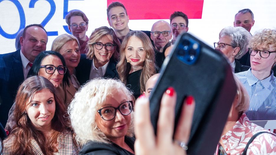 Katarzyna Kotula, Magdalena Biejat, Agnieszka Dziemianowicz-Bak take a selfie picture during the congress of the left-wing party "Lewica" where the party's candidate for the presidential election in Poland was announced, in Warsaw, Poland on December 15, 2024. (Photo by Foto Olimpik/NurPhoto via Getty Images)