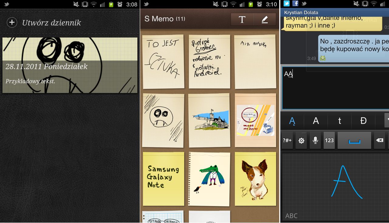 Galaxy Note - screen | dziennik, S Memo, aplikacja SMS