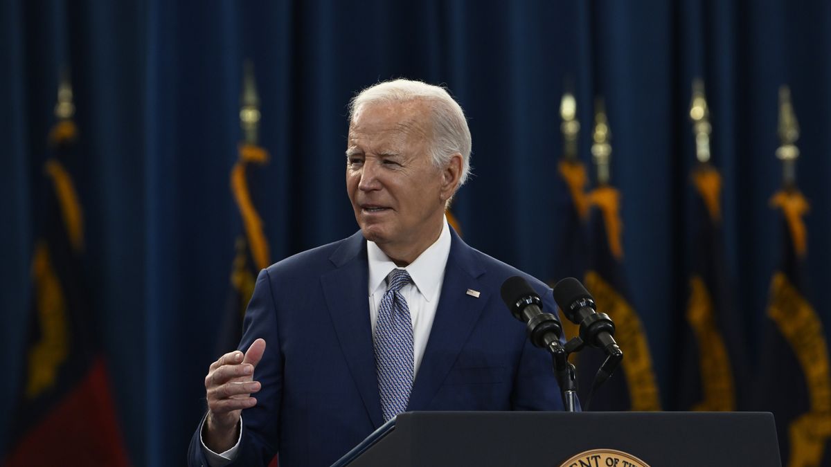 RALEIGH, USA - JANUARY 18: President Joe Biden delivers remarks along with NC Gov Roy Cooper on how his Bidenomics and Investing in America Agenda are repairing and rebuilding our infrastructure, lowering costs, supporting a small business boom, and creating good-paying jobs in Raleigh NC, United States on January 18, 2024 (Photo by Peter Zay/Anadolu via Getty Images)