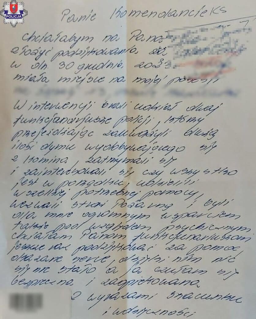 Odręczne podziękowanie za pomoc policjantom z Zamościa