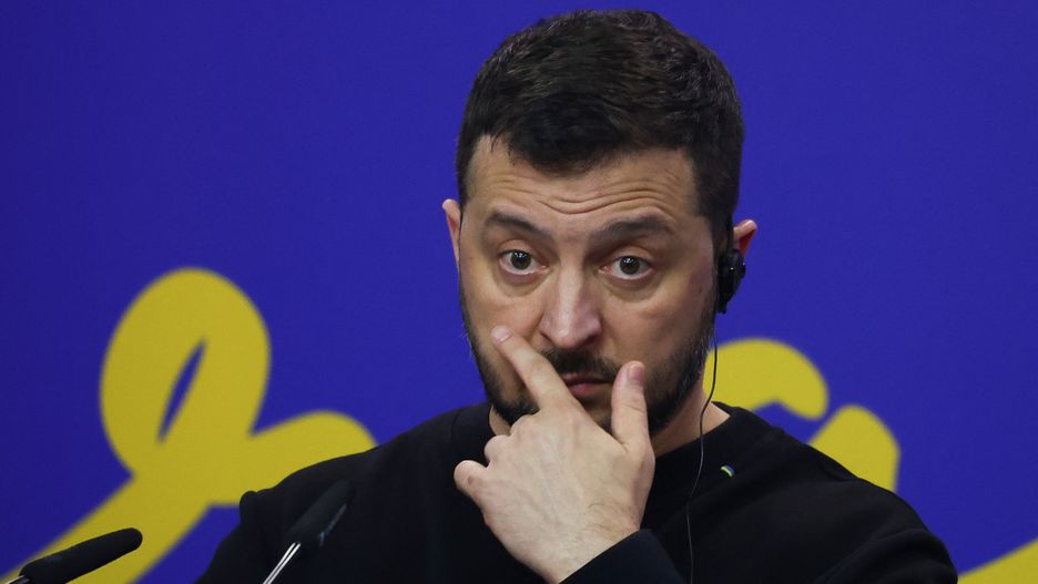 Ukrainian President Volodymyr Zelenskiy gestures during a press conference on the day of the Ukraine Southeast Europe Summit in Tirana, Albania, February 28, 2024.