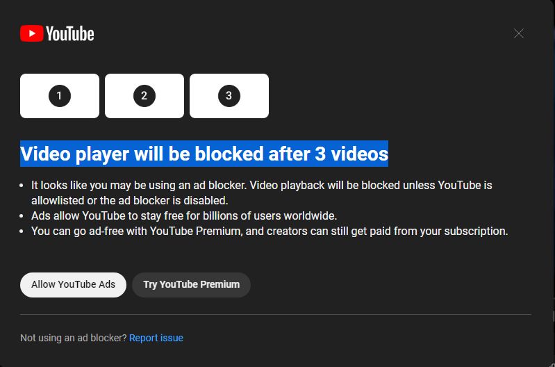 Powiadomienie o zablokowaniu odtwarzacza YouTube'a