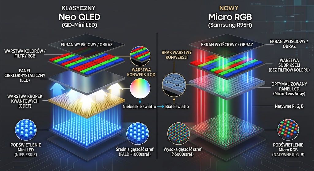 Samsung Micro RGB R95H - podświetlenie RGB LED vs QLED.
