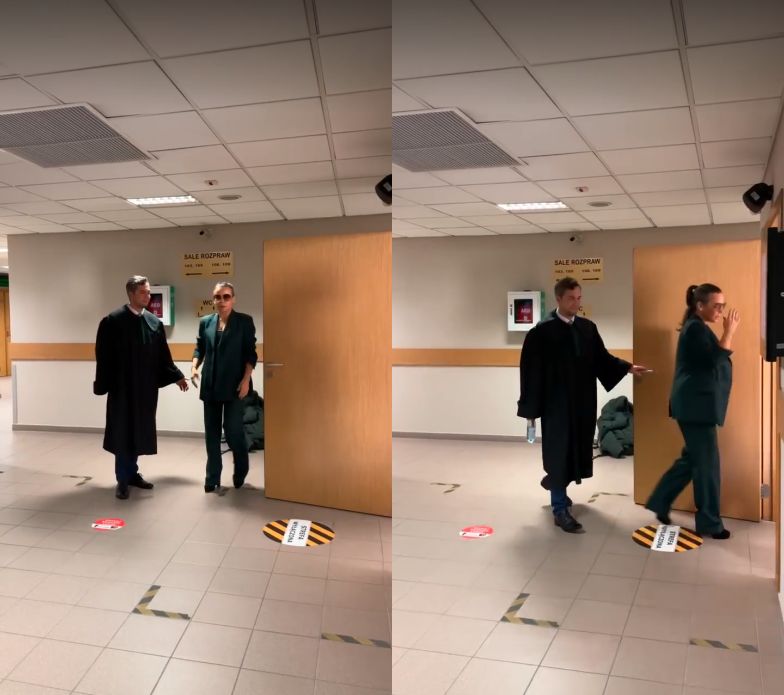 Anna Mucha i jej prawnik wchodzą na salę