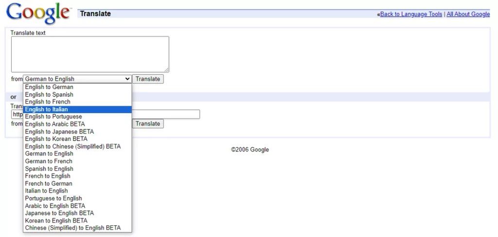 Pierwsza wersja Tłumacza Google