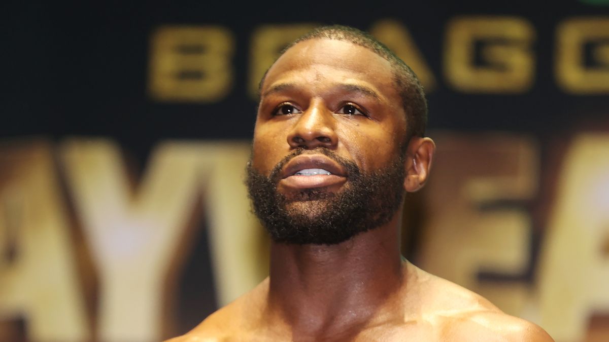 MIAMI GARDENS, FLORIDA - JUNE 05:  Floyd Mayweather takes part in the weigh-in ahead of his June 6 exhibition boxing match against Logan Paul on June 5, 2021 at Hard Rock Live at Seminole Hard Rock Casino in Miami Gardens, Florida. (Photo by Cliff Hawkins/Getty Images)
