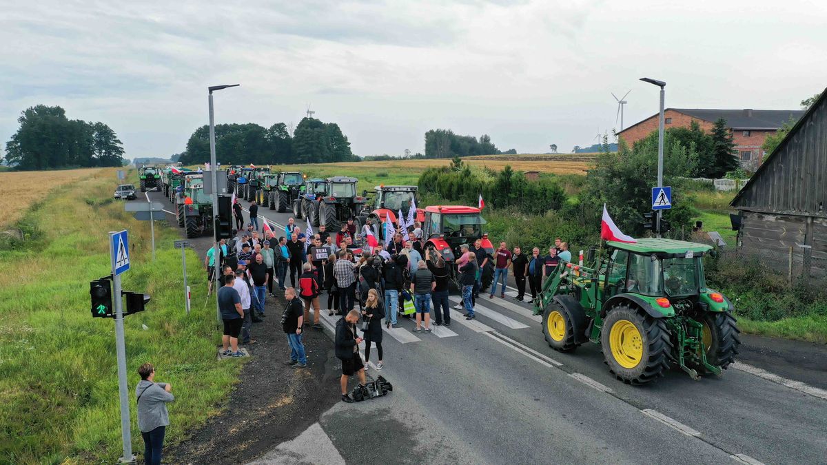 Rękoraj, 04.08.2021. Protest działaczy AGROunii w Rękoraju (pow. piotrkowski), 4 bm. AGROunia zapowiada 2-dniową blokadę drogi w Rękoraju. (kf) PAP/Grzegorz Michałowski