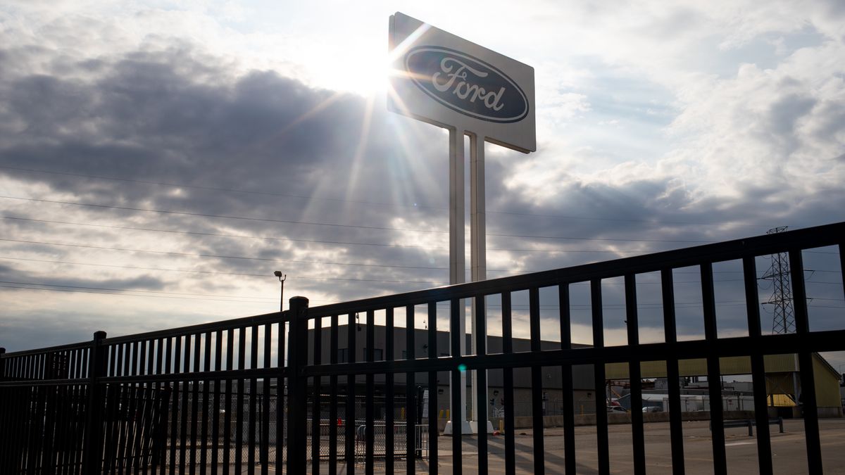 An empty parking lot near the main entrance at the Ford Motor Co. Michigan Assembly plant in Wayne, Michigan, US, on Wednesday, Sept. 20, 2023. The United Auto Workers said more of its members will go on strike at General Motors Co., Ford Motor Co. and Stellantis NV facilities starting at noon Friday unless substantial headway is made toward new labor contracts. Photographer: Emily Elconin/Bloomberg via Getty Images