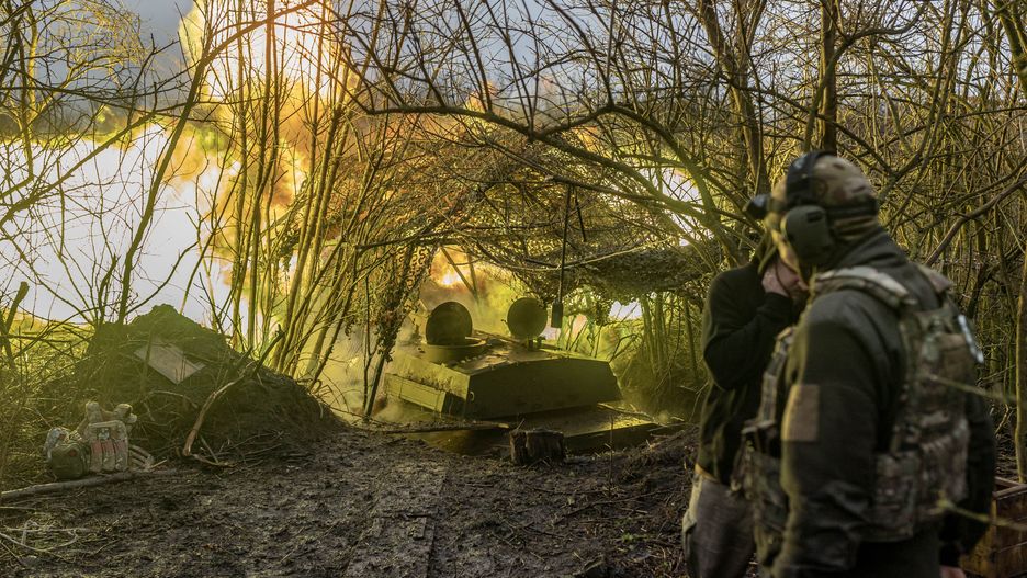 DONETSK OBLAST, UKRAINE - FEBRUARY 5: Ukrainian soldiers fire 2s1 artillery in the direction of Bakhmut, where clashes between Russia and Ukraine continue to take place, in Donetsk Oblast, Ukraine on February 5, 2024. (Photo by Diego Herrera Carcedo/Anadolu via Getty Images)