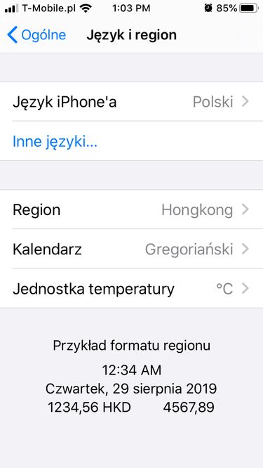 Region iPhone'a ustawiony na Hongkong