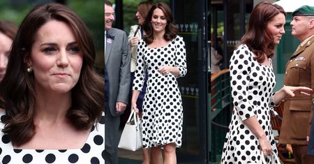 Uśmiechnięta Kate Middleton w sukience w grochy ogląda mecz Wimbledonu (ZDJĘCIA)