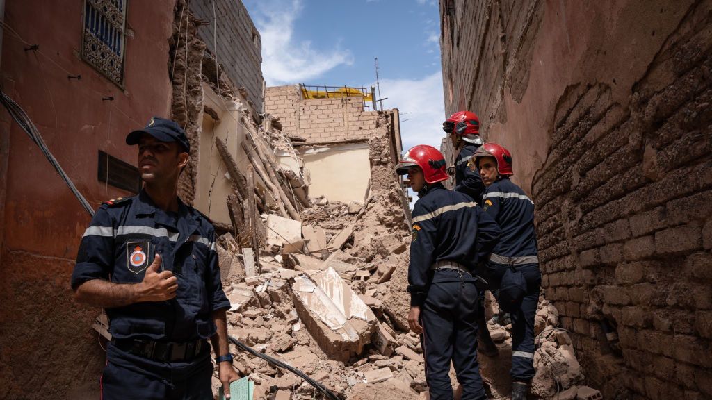 Firefighters are seen waiting for instruction for inspection
MARRAKESH, MOROCCO - 2023/09/14: Firefighters are seen waiting for instruction for inspection at the old town in Marrakesh. Local firefighters patrolling in the old town, Medina, a famous tourist area after the Moroccan earthquake happened last Friday. Signs of damage are still prominent and rubble is still not cleared from the area. Many locals feared the narrow alleys would result in mass casualties if the building collapsed, however tourists have returned and flocked to the once-quiet old town. The epicentre of the magnitude 7.2 quake struck in the high Atlas mountain, some 72 km southwest of Marrakesh. Almost 3,000 people are reported to have died in the earthquake. (Photo by Ashley Chan/SOPA Images/LightRocket via Getty Images)
SOPA Images
firefighters, firemen, ruin, damage, destroyed, devastation, aftermath, calamity, catastrophe, disaster