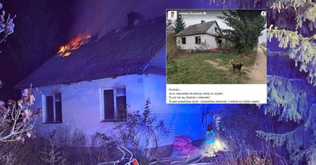 Pies na zgliszczach domu. Czeka na właściciela, który zginął